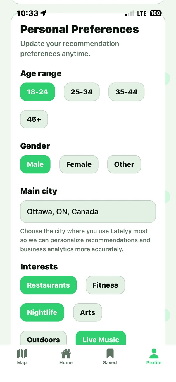 Latelyy personal preferences screen